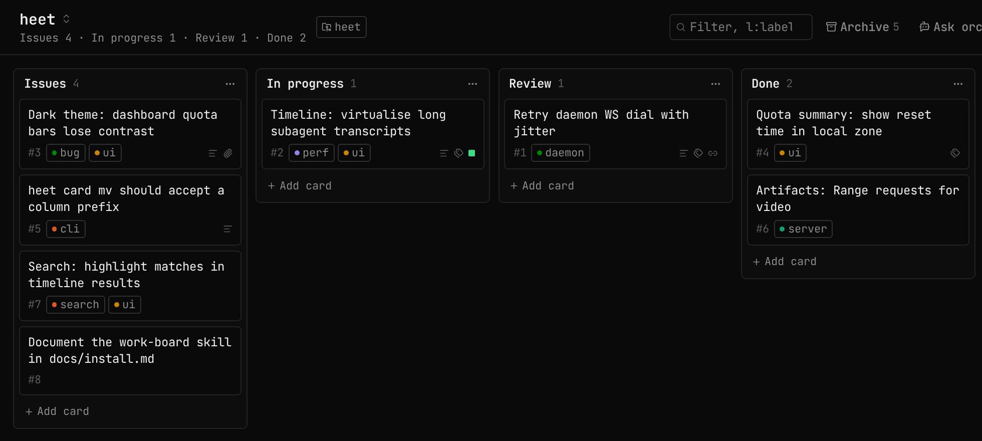 A board for the heet project with Issues, In progress, Review and Done