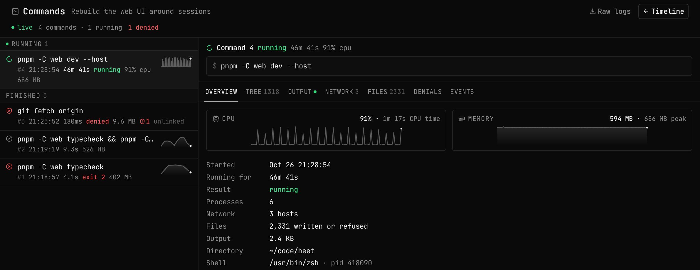 The Commands page: a running dev server with its CPU, memory, processes, network and file writes