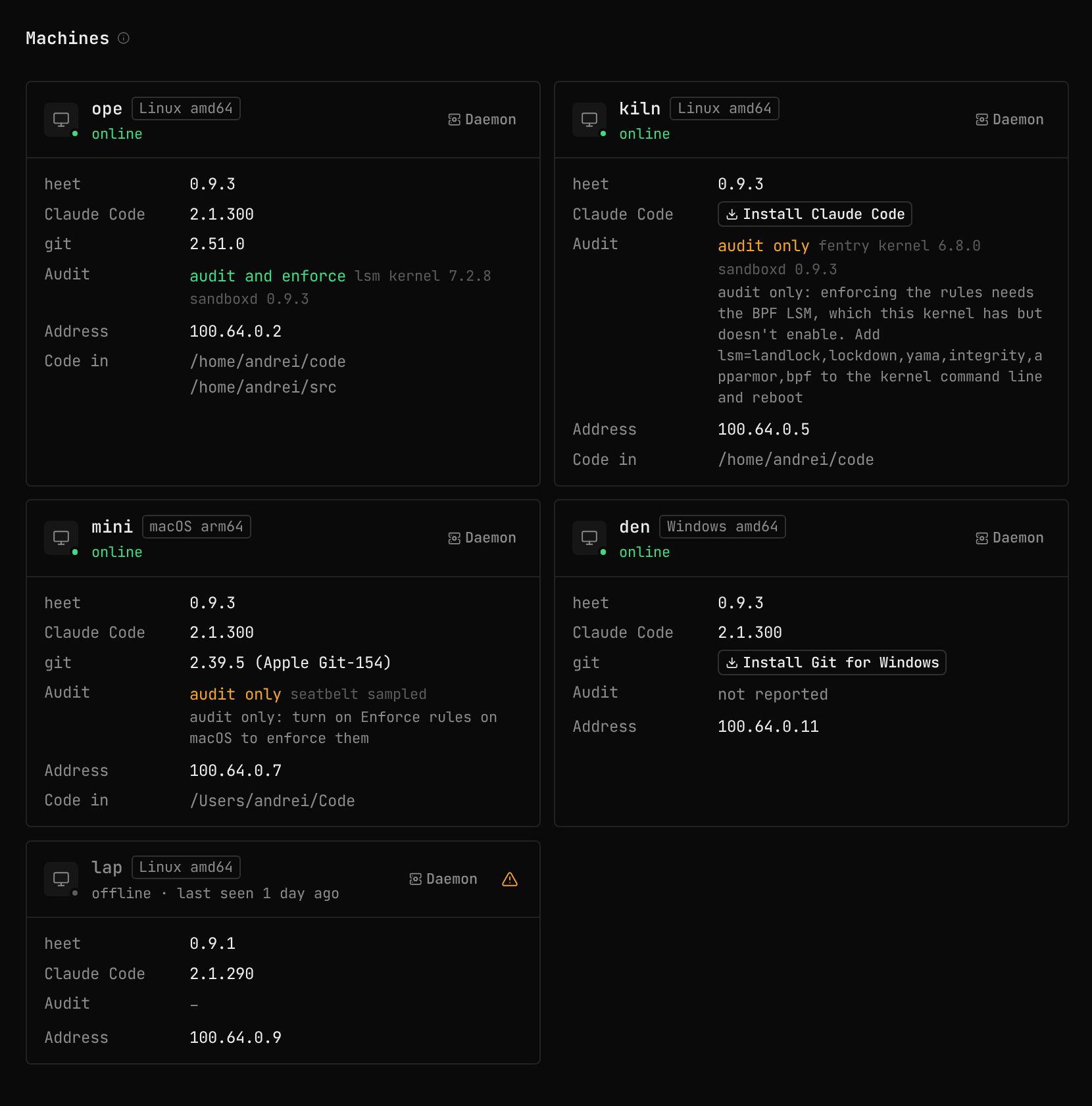 Settings, Machines: ope and kiln on Linux, mini on macOS, den on Windows, with their heet, Claude Code and git versions