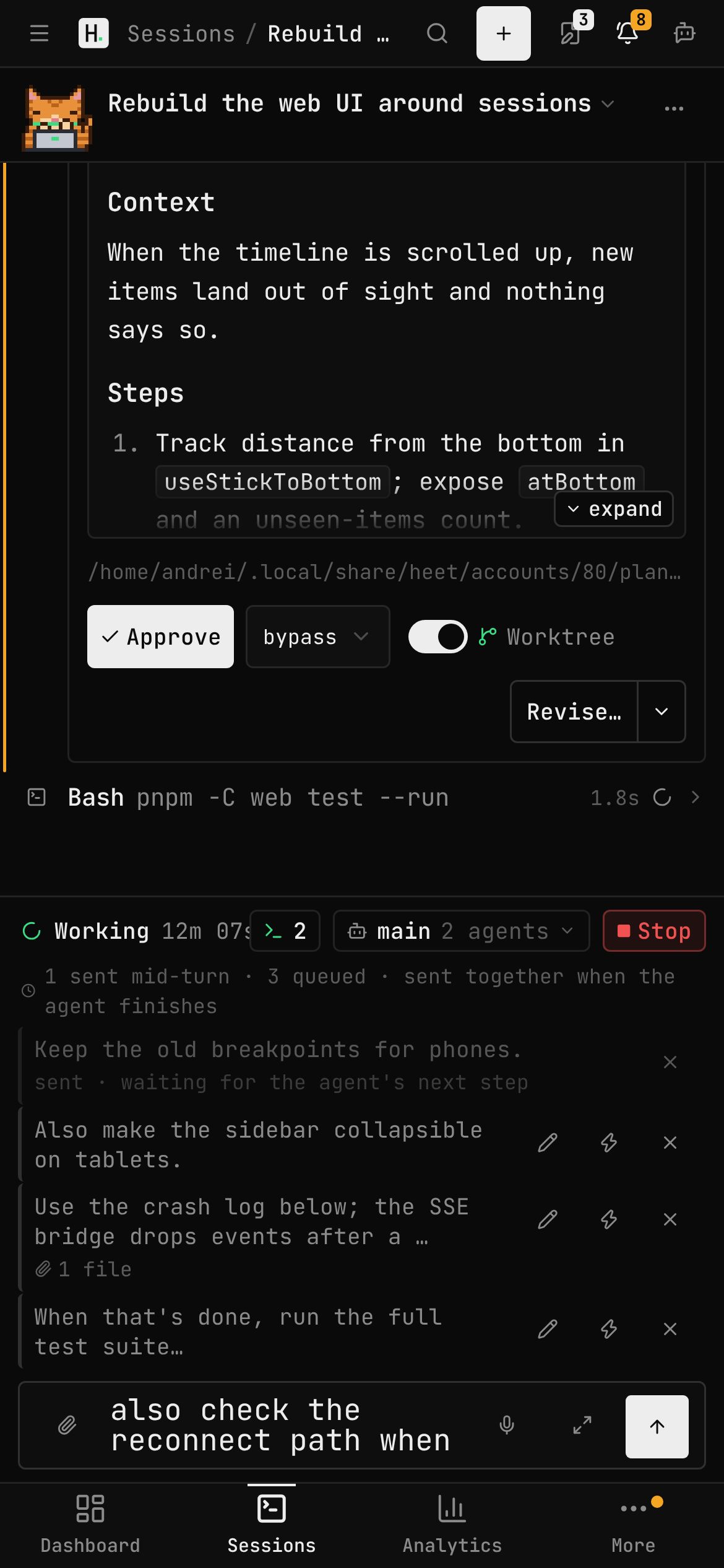 A session's timeline on a phone